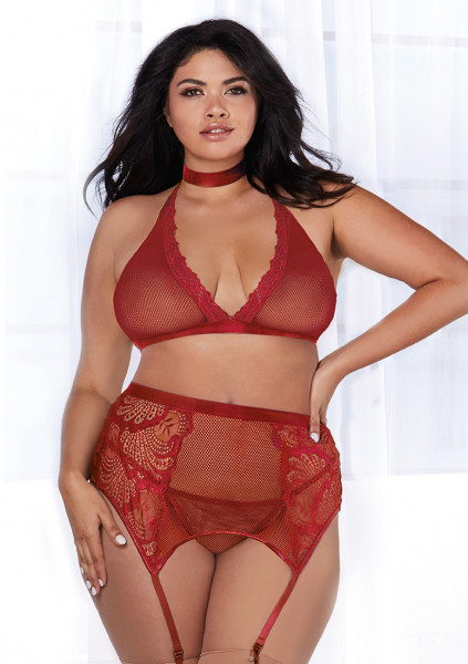 Fishnet & Lace 4-Pc Set - Garnet - Kinky Lingerie UK