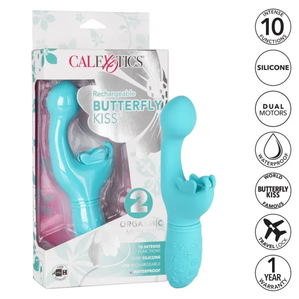 Butterfly Kiss Silicone Rechargeable Waterproof Dual-Stimulation Vibrator By CalExotics - Blue