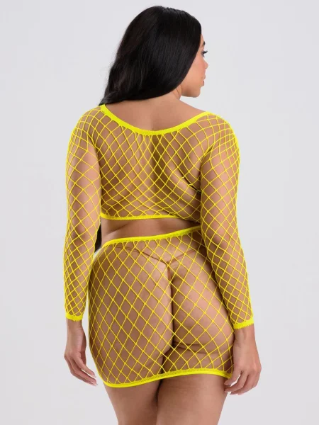 Lovehoney Plus Size Viva Neon Yellow Fishnet Top and Skirt Set