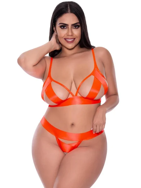 Exposed Orange Neon Strap Tease Harness Bra Set