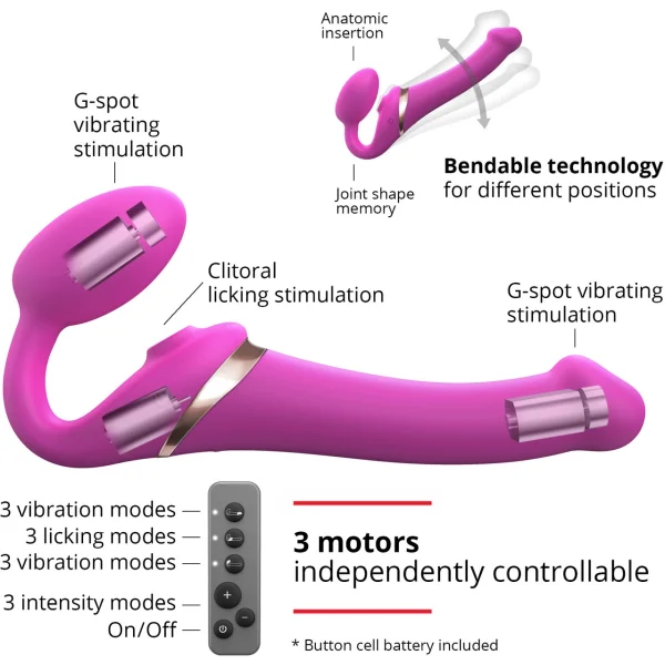 Strap-on-Me Multi Orgasm Silicone Vibrating 3 Motor Remote Strapless Strap-On, Small - Fuchsia