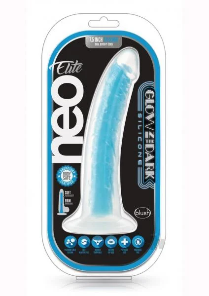 Neo Elite Glow In The Dark 7.5in Dual Density Cock Neon Blue