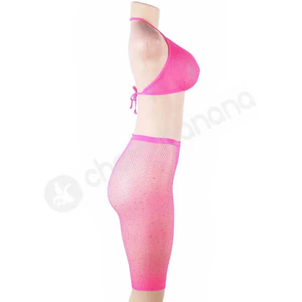 Cherry Banana Pink & Rhinestone Fishnet Bikini Style Top & Shorts Set