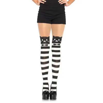 Fancy Cat Striped Pantyhose O S Black White