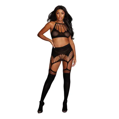 Bra Garter Skirt Stockings One Size Black