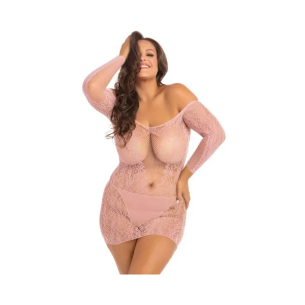 Demure Long Sleeve Mini Dress Rose 3x/4x