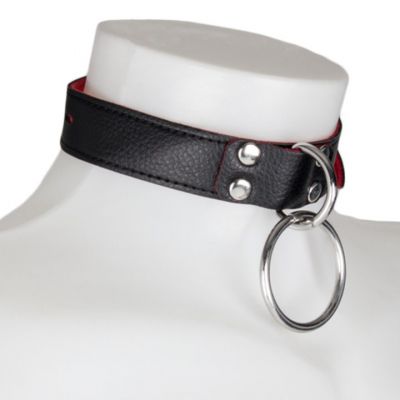 Bondara Black Faux Leather Red Suede Padlocked O Ring Collar