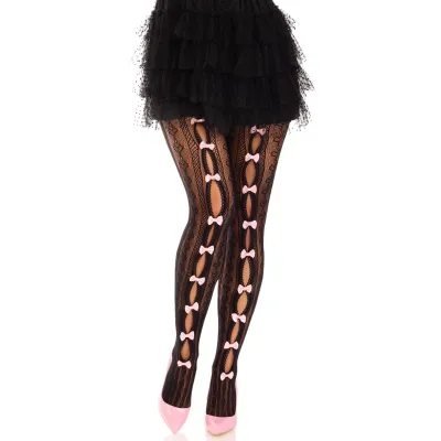 Sweetheart Striped Net Tights With Keyhole and Mini Bow Detail One Size Black