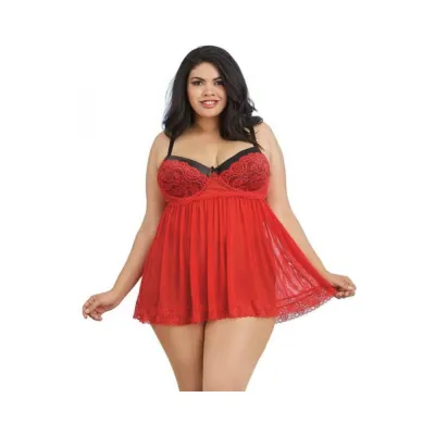 Dreamgirl Plus size Stretch Mesh And Lace Babydoll With Underwire Push up Cups G string And Lace O