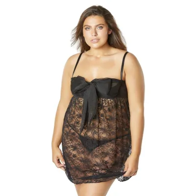 Lace Empire Babydoll With Functional Tie Shelf Cups G String Black 1x 2x