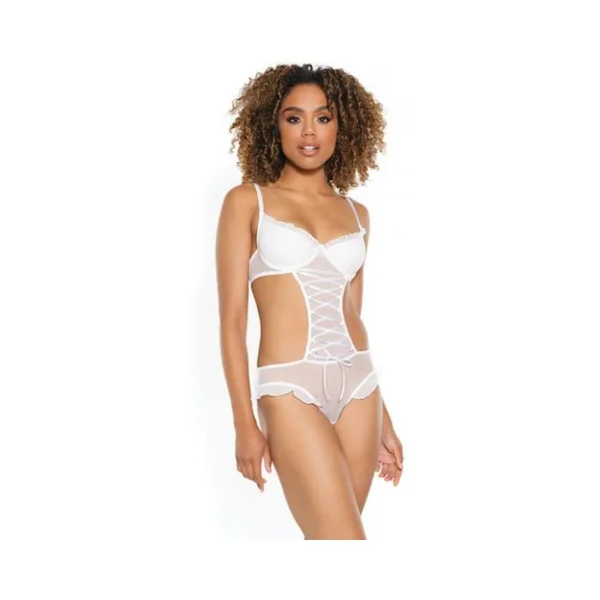 Women's Lingerie: Coquette Mesh Crotchless Open-back Teddy With Corset Detail White M
