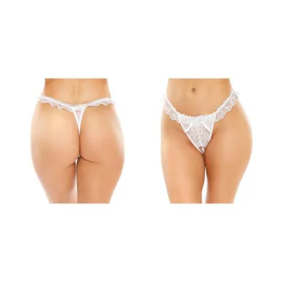 Flora Ruffled Lace Crotchless Pearl Thong White L xl