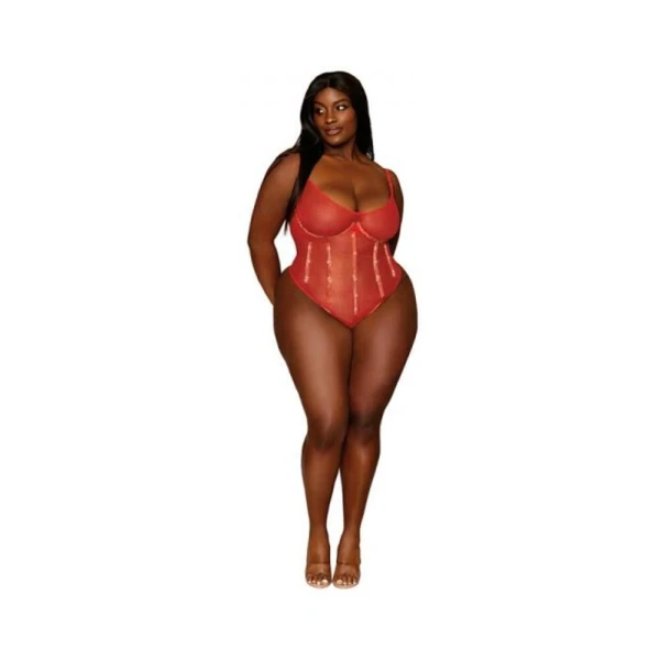 Women's Lingerie: Dreamgirl Gold-foiled Stretch Mesh Teddy With Rhinestone Detailing And Heat-sealed Edges Ruby 1xl