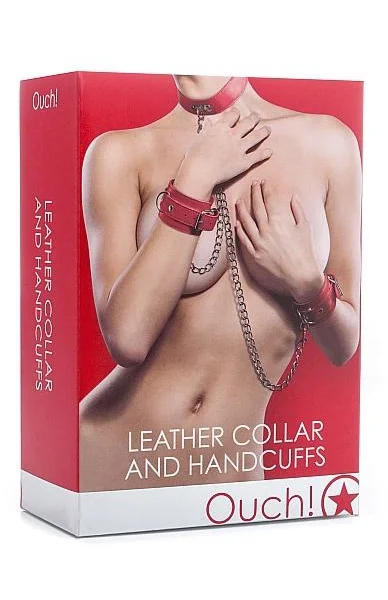 Ouch Leather Collar And Handcuffs Combo