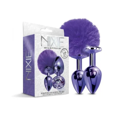 Nixie Metal Butt Plug Set Pom Pom And Jewel inlaid Metallic Purple