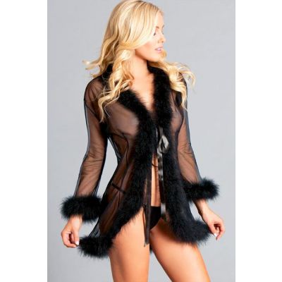 Be Wicked Bou Sheer Black Robe with Marabou Trim Thong