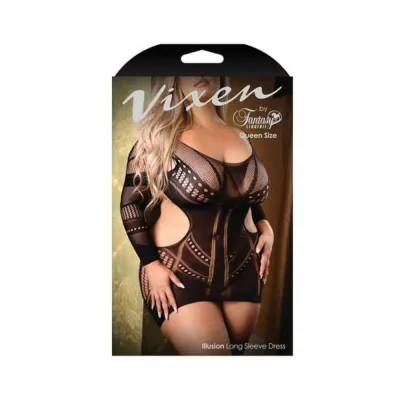Club Wear Fantasy Lingerie Vixen Illusion Longsleeve Seamless Dress Black Queen Size