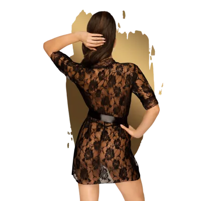 Penthouse Sweet Retreat Black Lace Kimono with Tie Belt