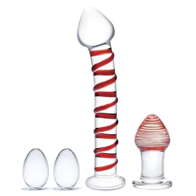 Glas 4 Piece Mr Swirly Glass Dildo and Yoni Egg Set