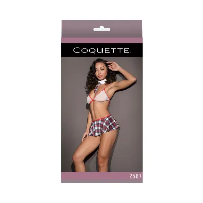 School Girl Fishnet Bralette W Plaid Knit Skirt Collar White red Os