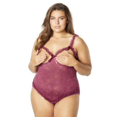 Open Cup Crotchless Teddy Amaranth Queen Size