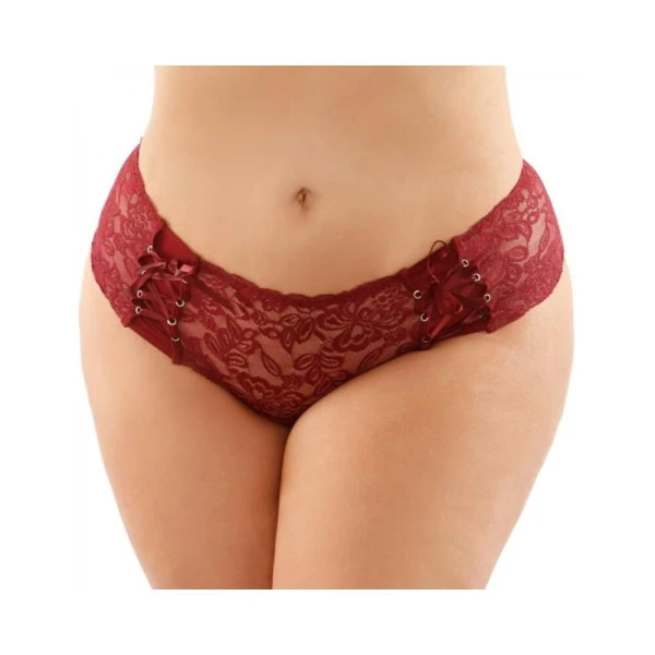 : Magnolia Crotchless Lace Boyshort With Lace-up Panel Details Garnet Queen