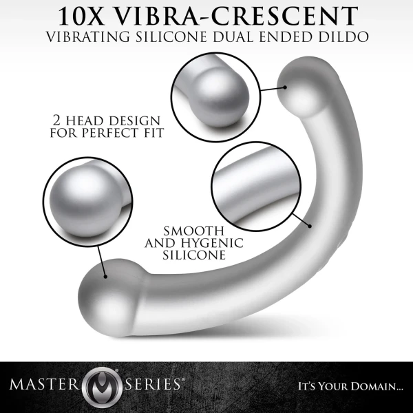 Master Series Vibra-Crescent Rechargeable Silicone Vibrating Dual Ended Dildo - Silver
