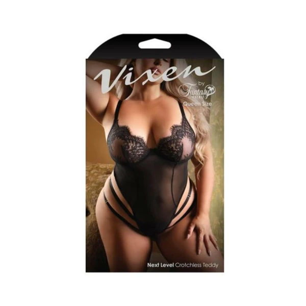 Women's Lingerie: Fantasy Lingerie Vixen Next Level Strappy Crotchless Teddy With Lace Underwire Cups Black Queen Size