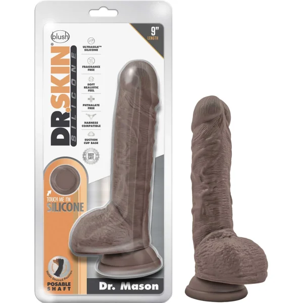Dr. Skin Dr. Mason 9" Realistic Posable Silicone Suction Cup Dildo With Balls By Blush - Chocolate