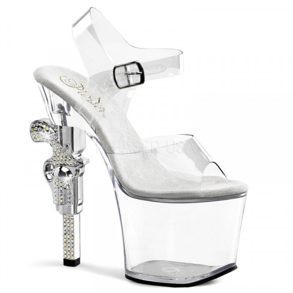 REVOLVER-708 - 7" R/S Embellished Gun Heel, 3 1/4" PF Ankle Strap Sandal