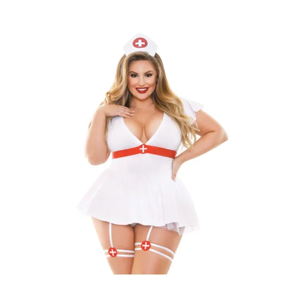 Curve Bedside Nurse Costume Set; Dress With Tie Back, Gartered Panty And Medic Hat White 1x/2x