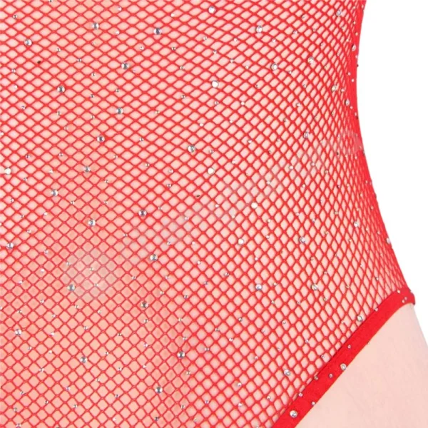 Cherry Banana Red & Rhinestone Fishnet Long Sleeve Bodysuit