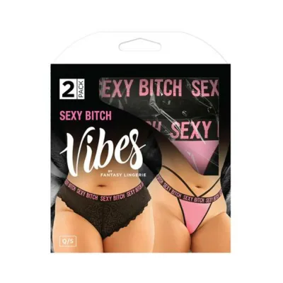 Vibes Sexy Bitch Buddy Pack 2 Pc Cheeky Lace Panty Strappy Thong Qs Black pink