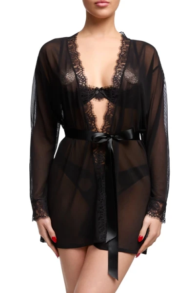 Dita Von Teese Von Follies Seduca Black Robe with Eyelash Lace Trim