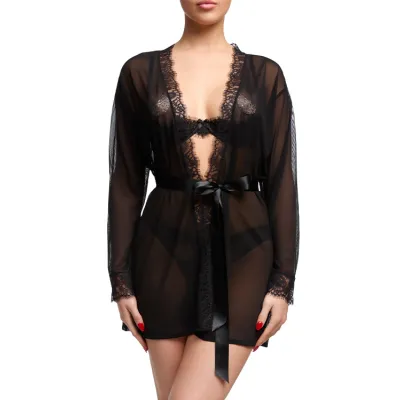 Dita Von Teese Von Follies Seduca Black Robe with Eyelash Lace Trim