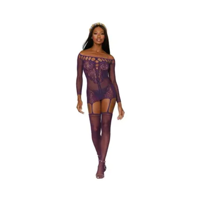 Women s Lingerie Dreamgirl Fishnet Lace Garter Dress With Attached Stockings Aubergine O s