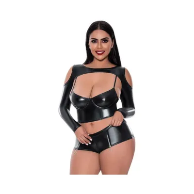Magic Silk Liquid Onyx Camisole Longsleeve Shrug Short Set Black Queen