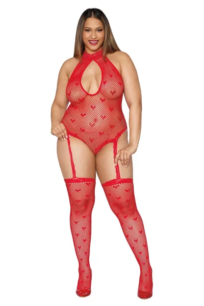 Teddy Bodystocking - Queen Size - Lipstick Red