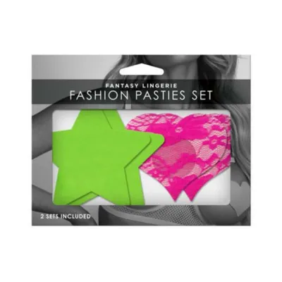 Neon Pasties 2 pack Neon Green Solid Star Neon Pink Lace