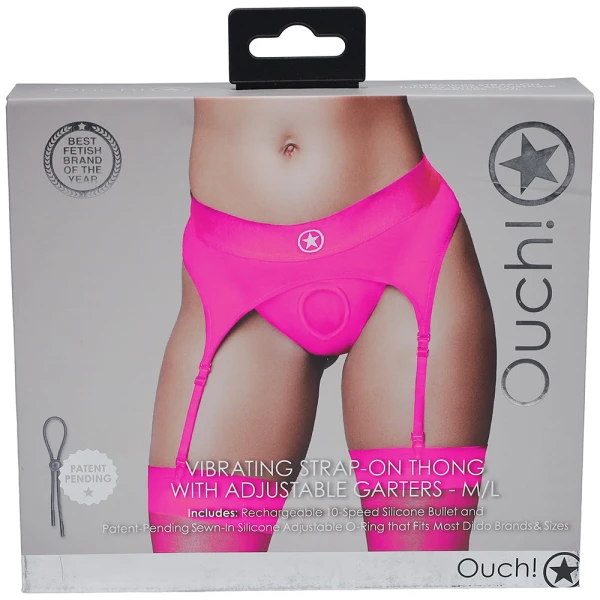 Ouch! Vibrating Pink Strap-on Garter Thong in M/L