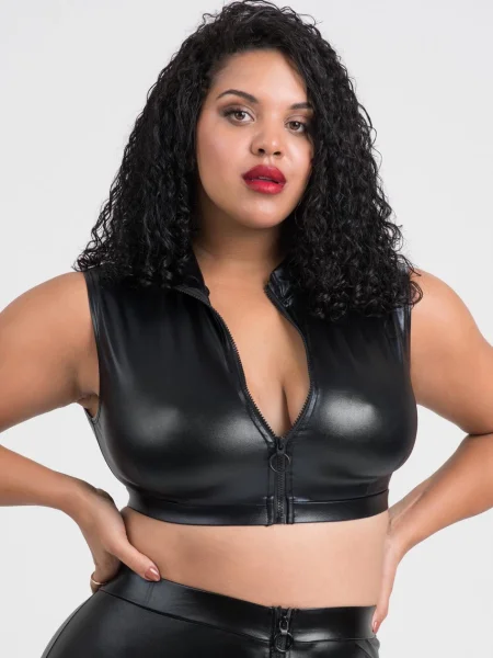 Lovehoney Plus Size Fierce Black Wet Look Zipper Crop Top