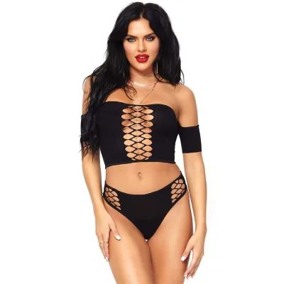 2 Pc Opaque Crop Top With Net Detail and Matching Thong Back Bottoms One Size Black