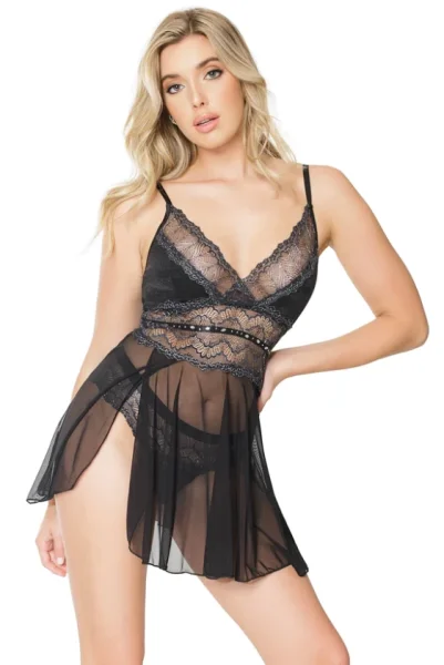 Black Rhinestone Sparkle Lace Babydoll & Matching Lace Panty