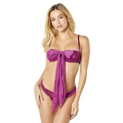 2 Pc Functional Tie Shelf Cup Bra and Ruched Back Tanga Amaranth S m
