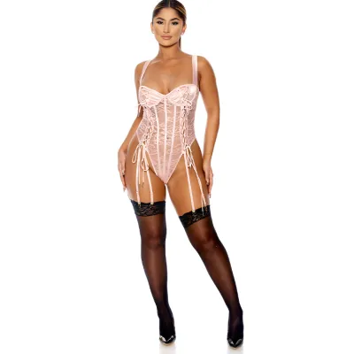 Forplay Lovebound Pink Lace Corset Teddy with Garters