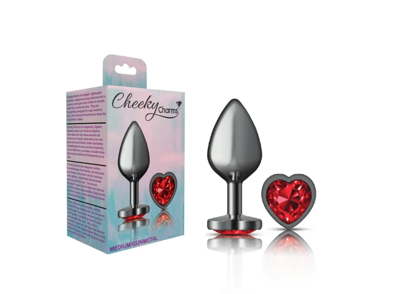 Cheeky Charms - Gunmetal Metal Butt Plug - Heart - Dark Red - Medium