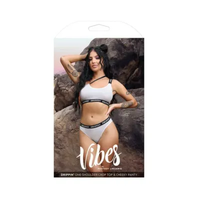 Women s Lingerie Fantasy Lingerie Vibes Drippin Iridescent Strappy One shoulder Top Cheeky Panty Pearl White L xl