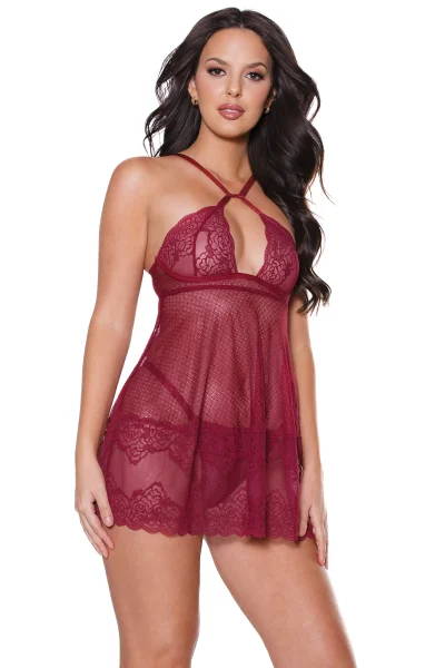 Merlot Lace Roses Babydoll & Thong