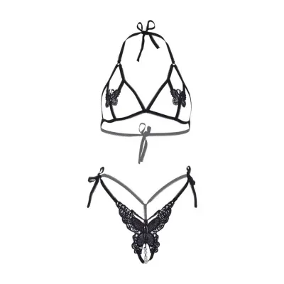 Butterfly Bra and Panty Set One Size Black