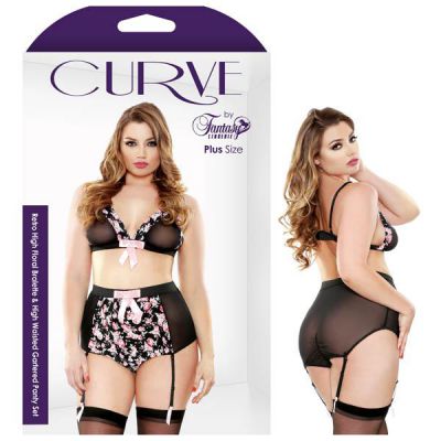 Curve Heather Retro High Floral Bralette High Waisted Gartered Panty Set